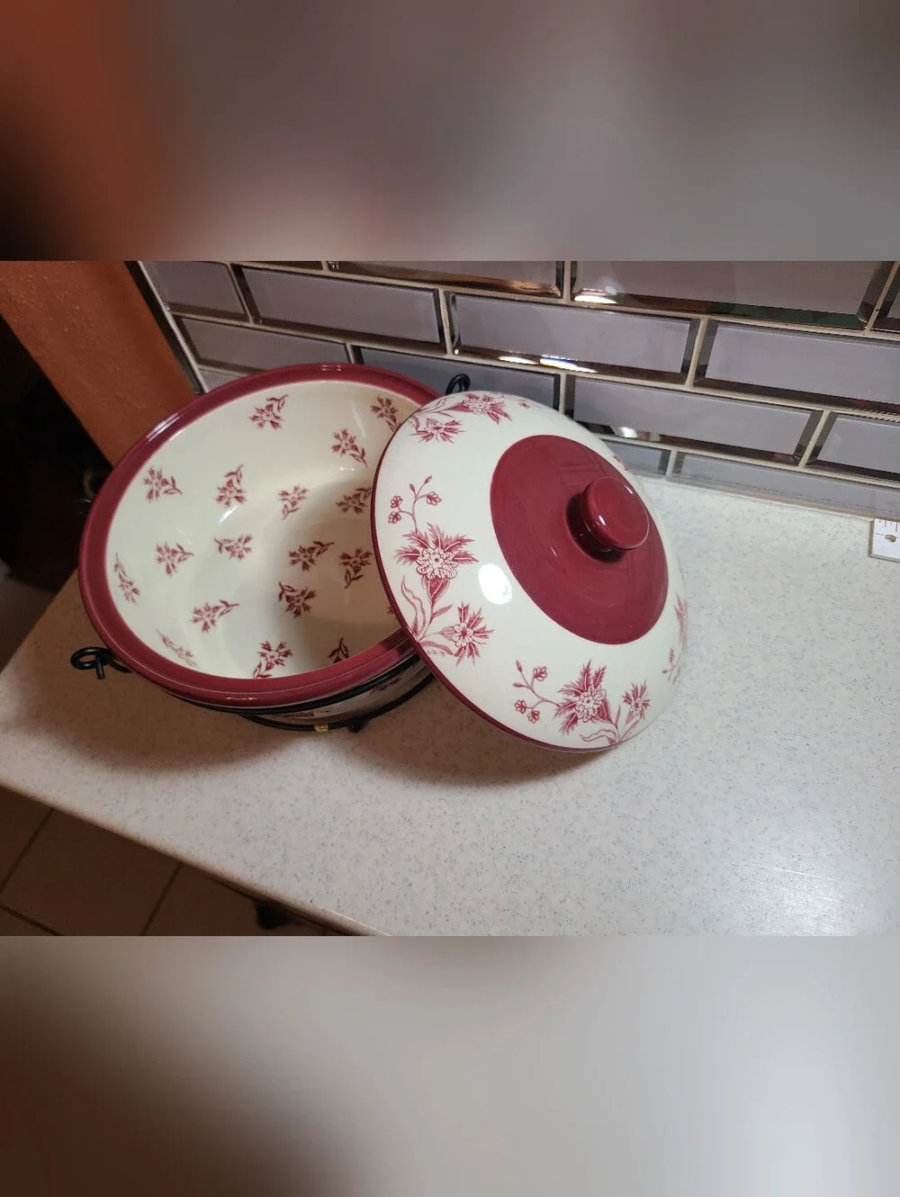 Temp-Tations Cream and Burgundy Floral Covered Serving Dish